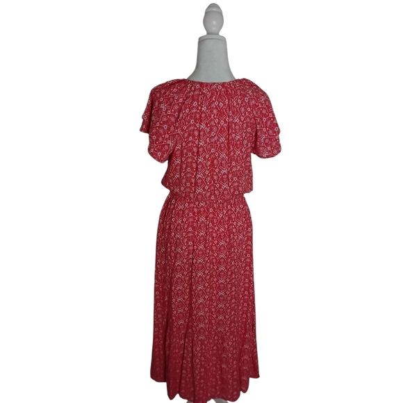 Destination 365 Women's XS Red White Print Short Sleeve Tie Neck Maxi  Dress - Picture 2 of 8